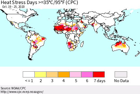 World Heat Stress Days >=35°C/95°F (CPC) Thematic Map For 10/19/2020 - 10/25/2020