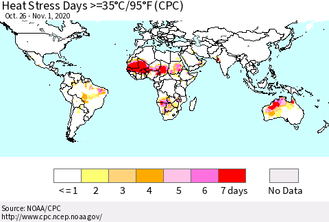 World Heat Stress Days >=35°C/95°F (CPC) Thematic Map For 10/26/2020 - 11/1/2020