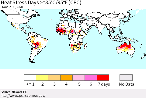 World Heat Stress Days >=35°C/95°F (CPC) Thematic Map For 11/2/2020 - 11/8/2020