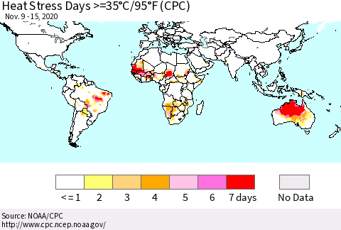 World Heat Stress Days >=35°C/95°F (CPC) Thematic Map For 11/9/2020 - 11/15/2020