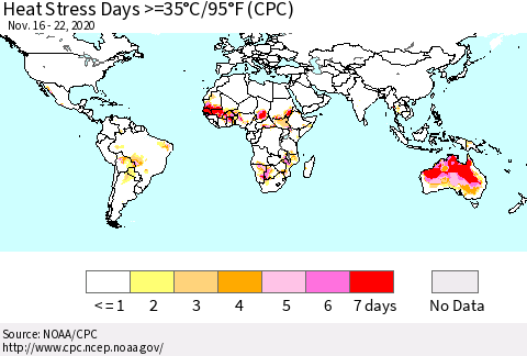 World Heat Stress Days >=35°C/95°F (CPC) Thematic Map For 11/16/2020 - 11/22/2020