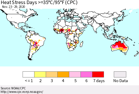 World Heat Stress Days >=35°C/95°F (CPC) Thematic Map For 11/23/2020 - 11/29/2020