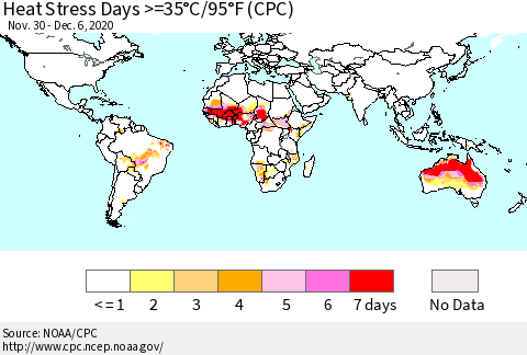 World Heat Stress Days >=35°C/95°F (CPC) Thematic Map For 11/30/2020 - 12/6/2020