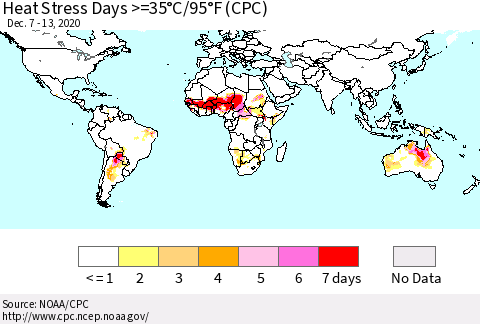 World Heat Stress Days >=35°C/95°F (CPC) Thematic Map For 12/7/2020 - 12/13/2020