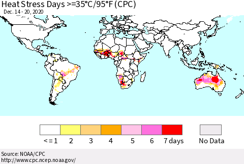 World Heat Stress Days >=35°C/95°F (CPC) Thematic Map For 12/14/2020 - 12/20/2020