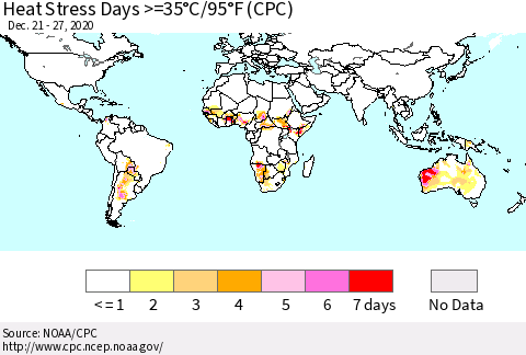 World Heat Stress Days >=35°C/95°F (CPC) Thematic Map For 12/21/2020 - 12/27/2020