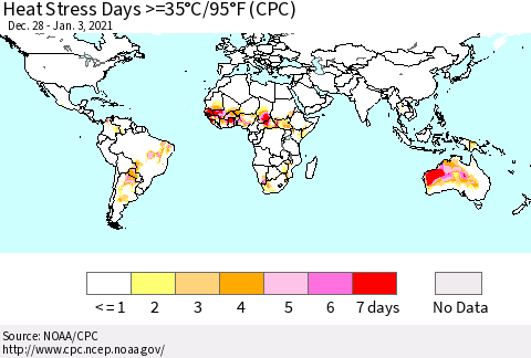 World Heat Stress Days >=35°C/95°F (CPC) Thematic Map For 12/28/2020 - 1/3/2021