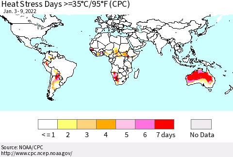 World Heat Stress Days >=35°C/95°F (CPC) Thematic Map For 1/3/2022 - 1/9/2022