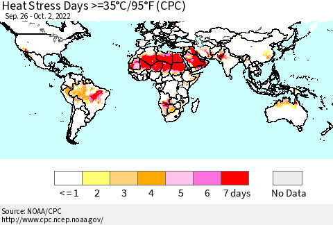 World Heat Stress Days >=35°C/95°F (CPC) Thematic Map For 9/26/2022 - 10/2/2022
