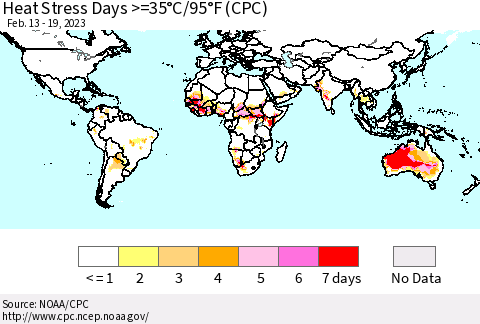 World Heat Stress Days >=35°C/95°F (CPC) Thematic Map For 2/13/2023 - 2/19/2023