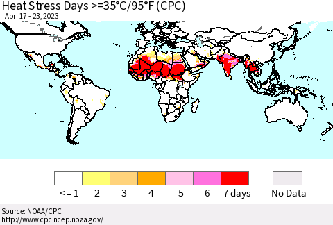 World Heat Stress Days >=35°C/95°F (CPC) Thematic Map For 4/17/2023 - 4/23/2023