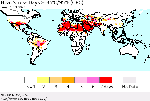 World Heat Stress Days >=35°C/95°F (CPC) Thematic Map For 8/7/2023 - 8/13/2023