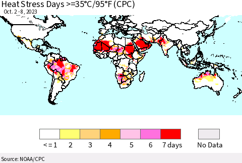 World Heat Stress Days >=35°C/95°F (CPC) Thematic Map For 10/2/2023 - 10/8/2023