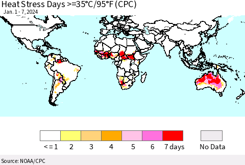 World Heat Stress Days >=35°C/95°F (CPC) Thematic Map For 1/1/2024 - 1/7/2024