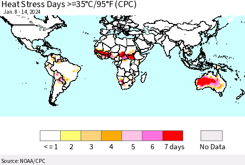 World Heat Stress Days >=35°C/95°F (CPC) Thematic Map For 1/8/2024 - 1/14/2024