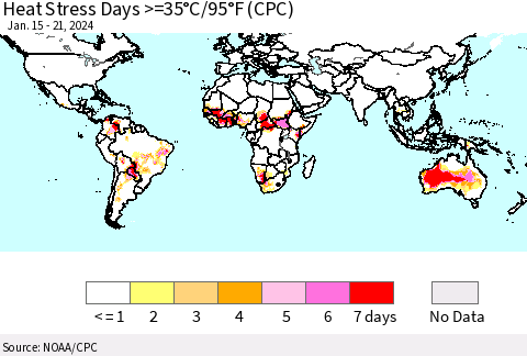 World Heat Stress Days >=35°C/95°F (CPC) Thematic Map For 1/15/2024 - 1/21/2024