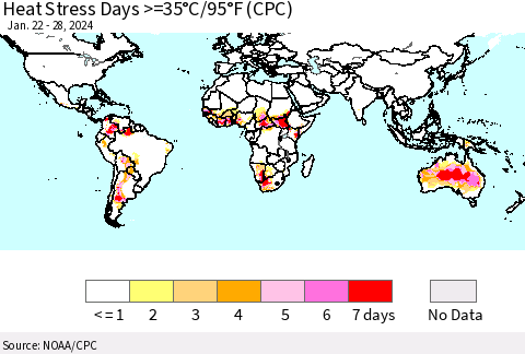 World Heat Stress Days >=35°C/95°F (CPC) Thematic Map For 1/22/2024 - 1/28/2024