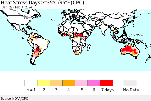 World Heat Stress Days >=35°C/95°F (CPC) Thematic Map For 1/29/2024 - 2/4/2024