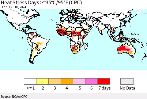 World Heat Stress Days >=35°C/95°F (CPC) Thematic Map For 2/12/2024 - 2/18/2024