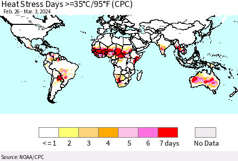 World Heat Stress Days >=35°C/95°F (CPC) Thematic Map For 2/26/2024 - 3/3/2024