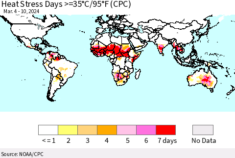 World Heat Stress Days >=35°C/95°F (CPC) Thematic Map For 3/4/2024 - 3/10/2024