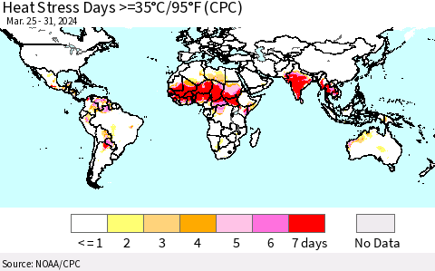 World Heat Stress Days >=35°C/95°F (CPC) Thematic Map For 3/25/2024 - 3/31/2024