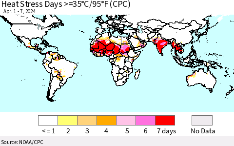 World Heat Stress Days >=35°C/95°F (CPC) Thematic Map For 4/1/2024 - 4/7/2024