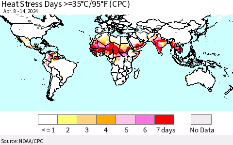 World Heat Stress Days >=35°C/95°F (CPC) Thematic Map For 4/8/2024 - 4/14/2024