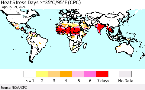 World Heat Stress Days >=35°C/95°F (CPC) Thematic Map For 4/15/2024 - 4/21/2024