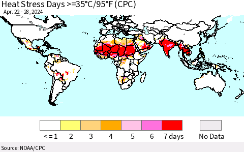 World Heat Stress Days >=35°C/95°F (CPC) Thematic Map For 4/22/2024 - 4/28/2024