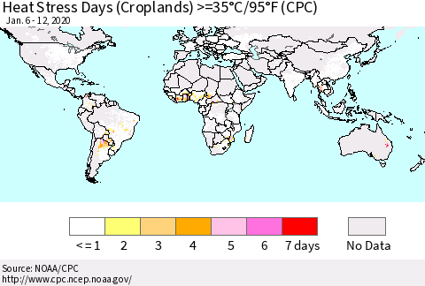 World Heat Stress Days (Croplands) >=35°C/95°F (CPC) Thematic Map For 1/6/2020 - 1/12/2020