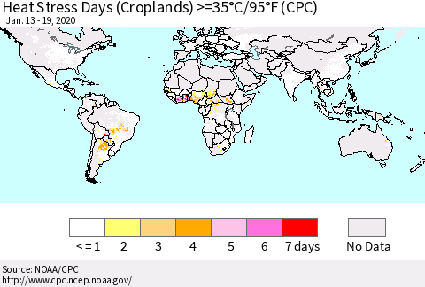 World Heat Stress Days (Croplands) >=35°C/95°F (CPC) Thematic Map For 1/13/2020 - 1/19/2020