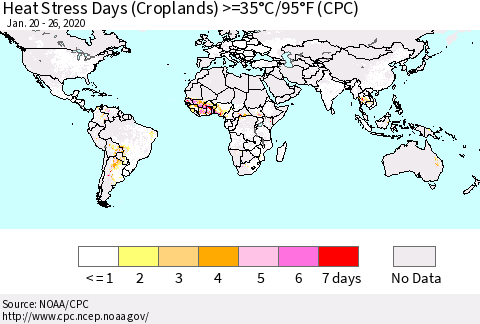 World Heat Stress Days (Croplands) >=35°C/95°F (CPC) Thematic Map For 1/20/2020 - 1/26/2020