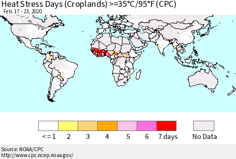 World Heat Stress Days (Croplands) >=35°C/95°F (CPC) Thematic Map For 2/17/2020 - 2/23/2020