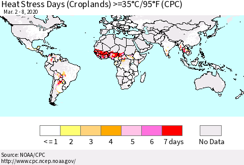 World Heat Stress Days (Croplands) >=35°C/95°F (CPC) Thematic Map For 3/2/2020 - 3/8/2020