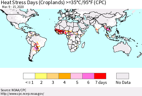 World Heat Stress Days (Croplands) >=35°C/95°F (CPC) Thematic Map For 3/9/2020 - 3/15/2020