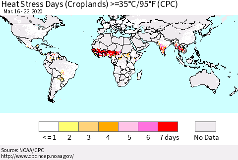 World Heat Stress Days (Croplands) >=35°C/95°F (CPC) Thematic Map For 3/16/2020 - 3/22/2020