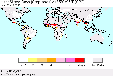 World Heat Stress Days (Croplands) >=35°C/95°F (CPC) Thematic Map For 3/23/2020 - 3/29/2020
