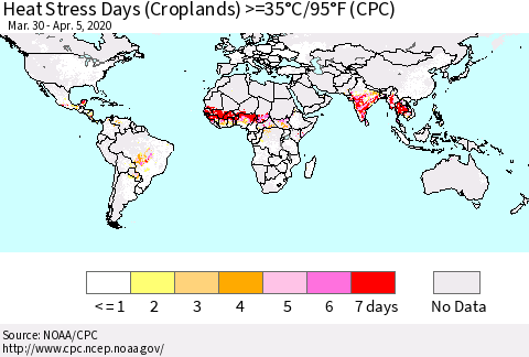 World Heat Stress Days (Croplands) >=35°C/95°F (CPC) Thematic Map For 3/30/2020 - 4/5/2020