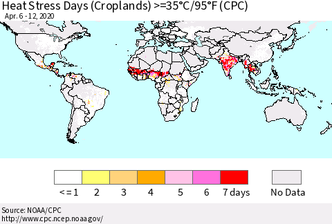 World Heat Stress Days (Croplands) >=35°C/95°F (CPC) Thematic Map For 4/6/2020 - 4/12/2020