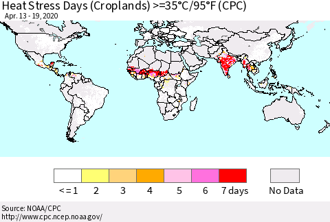 World Heat Stress Days (Croplands) >=35°C/95°F (CPC) Thematic Map For 4/13/2020 - 4/19/2020