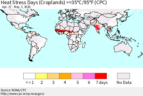 World Heat Stress Days (Croplands) >=35°C/95°F (CPC) Thematic Map For 4/27/2020 - 5/3/2020