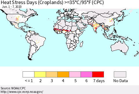 World Heat Stress Days (Croplands) >=35°C/95°F (CPC) Thematic Map For 6/1/2020 - 6/7/2020
