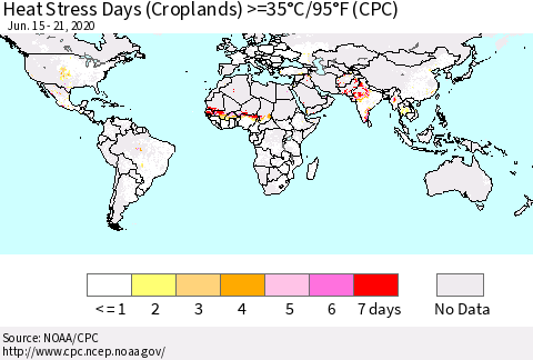 World Heat Stress Days (Croplands) >=35°C/95°F (CPC) Thematic Map For 6/15/2020 - 6/21/2020
