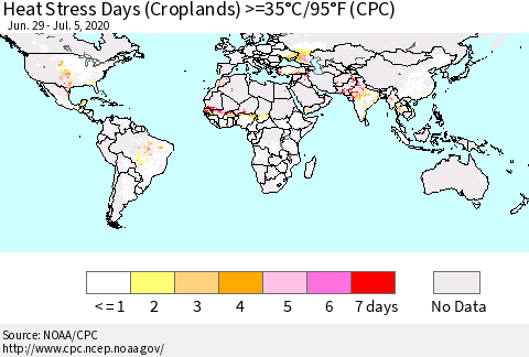 World Heat Stress Days (Croplands) >=35°C/95°F (CPC) Thematic Map For 6/29/2020 - 7/5/2020