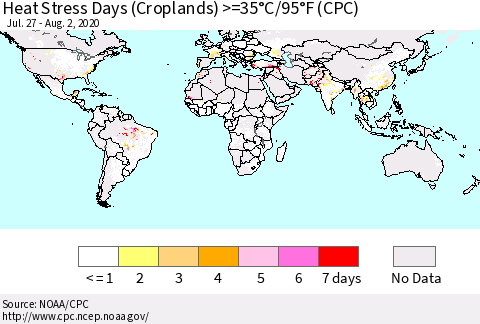 World Heat Stress Days (Croplands) >=35°C/95°F (CPC) Thematic Map For 7/27/2020 - 8/2/2020