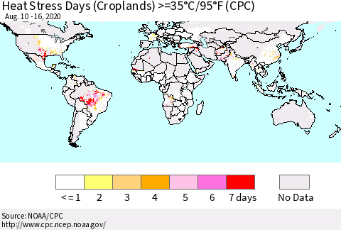 World Heat Stress Days (Croplands) >=35°C/95°F (CPC) Thematic Map For 8/10/2020 - 8/16/2020