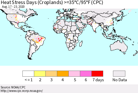 World Heat Stress Days (Croplands) >=35°C/95°F (CPC) Thematic Map For 8/17/2020 - 8/23/2020