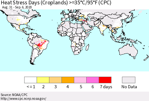 World Heat Stress Days (Croplands) >=35°C/95°F (CPC) Thematic Map For 8/31/2020 - 9/6/2020