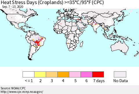 World Heat Stress Days (Croplands) >=35°C/95°F (CPC) Thematic Map For 9/7/2020 - 9/13/2020